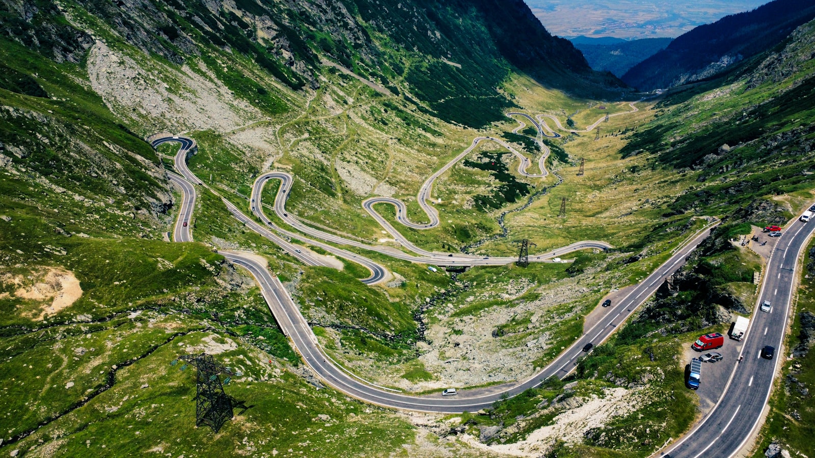 The Transfăgărășan's stacked hairpin bends from above, Romania